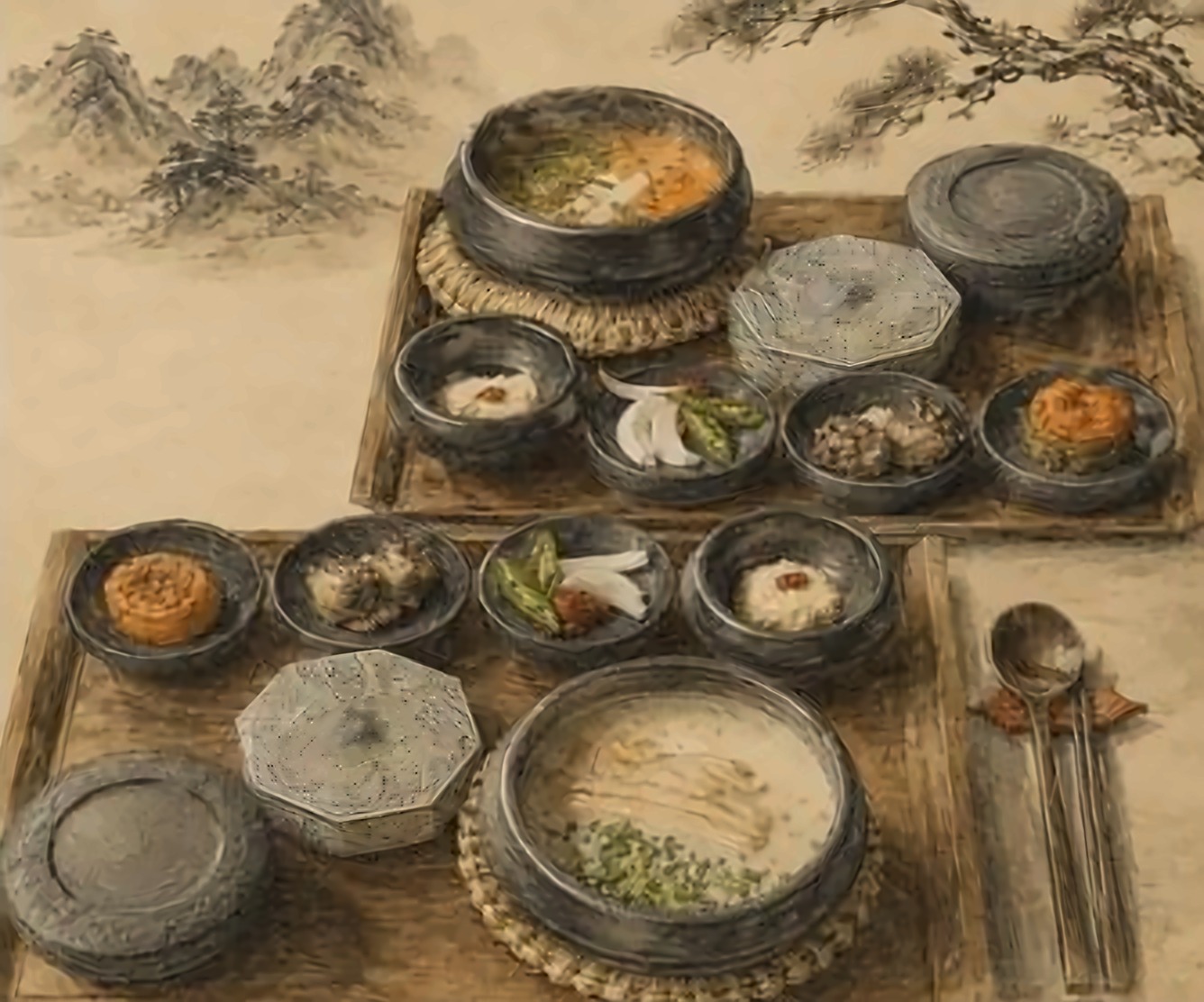소나무 가지 아래 다섯 가지 찬과 탕이 놓인 반상을 그린 메뉴북 그림
