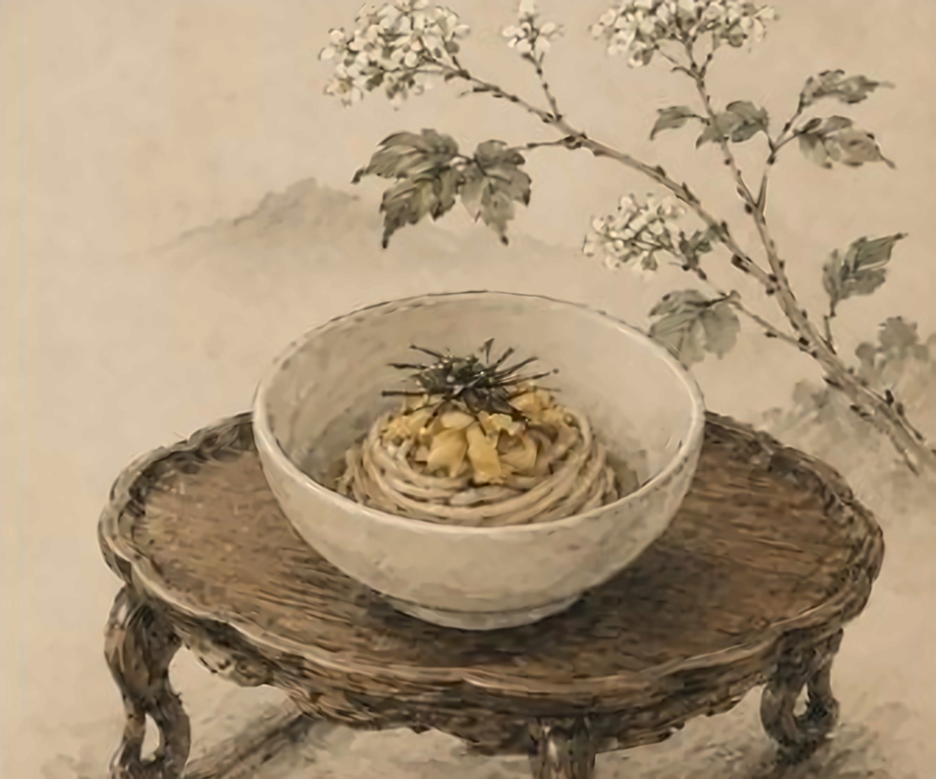 김이 오르는 전복채교면 그릇과 꽃가지를 그린 메뉴북 그림